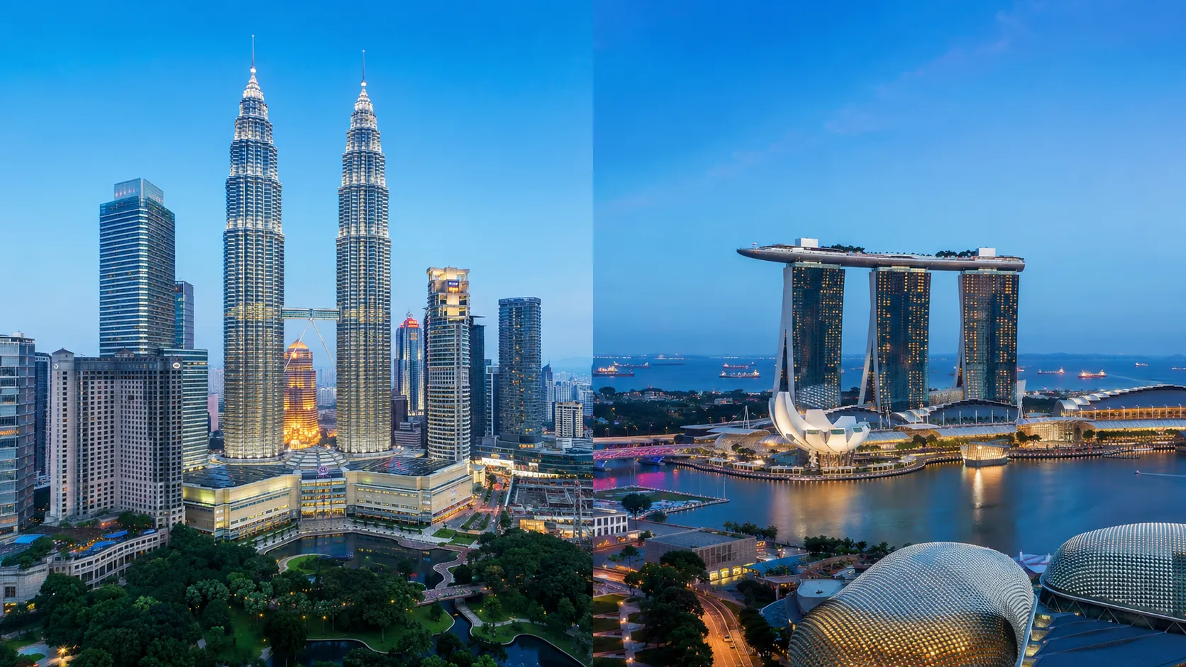The KLCC Twin Towers and Singapore's Marina Bay Sands skylines side by side