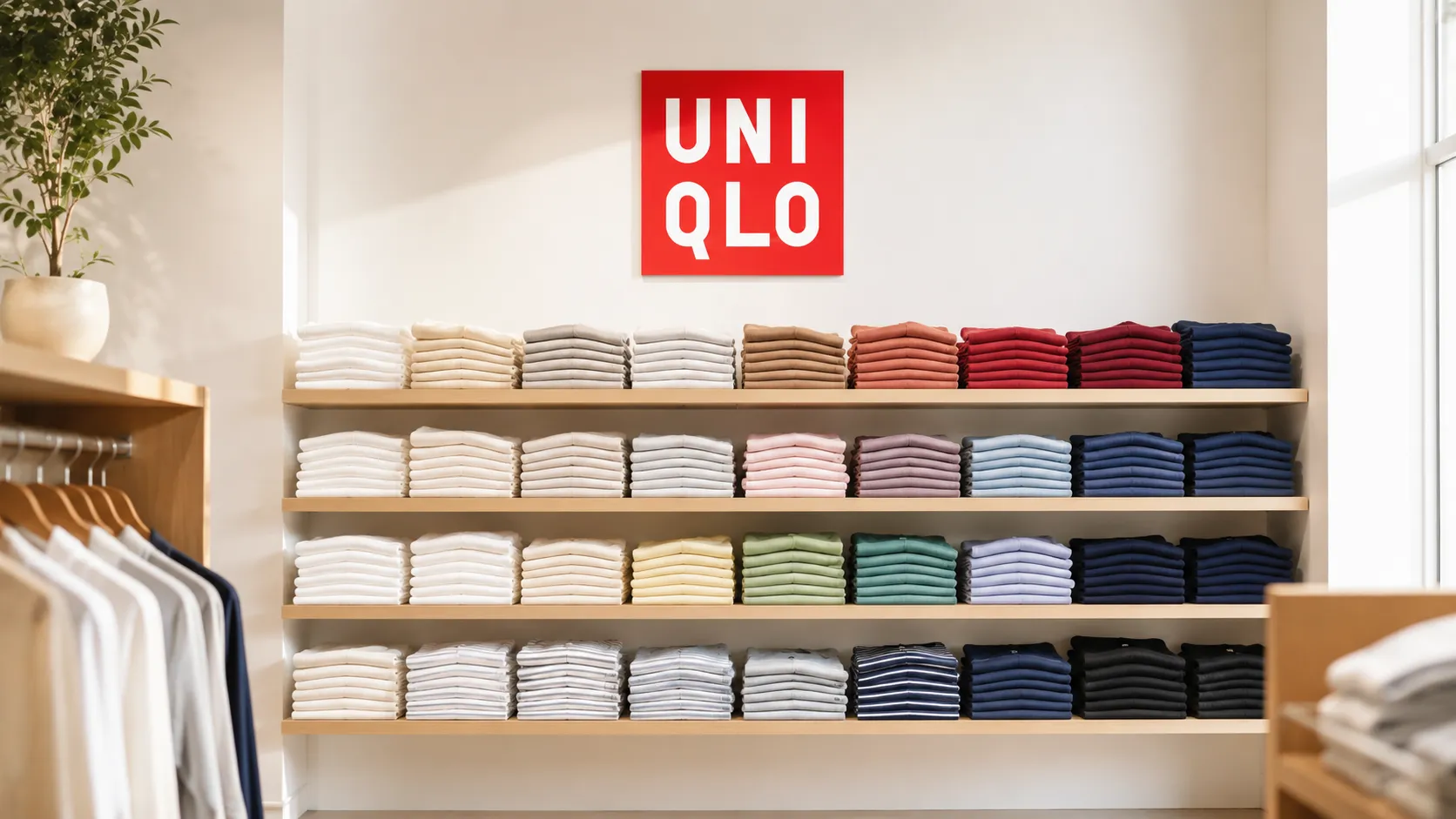 A bright, neatly folded wall of colourful Uniqlo basics under the red Uniqlo logo