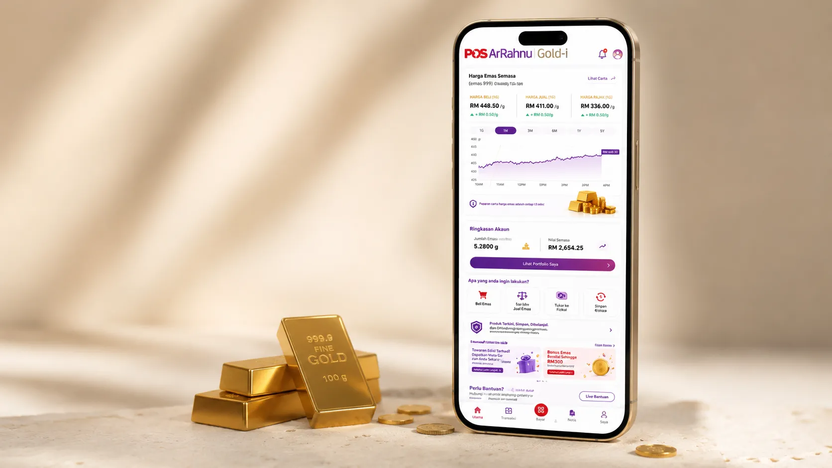 A smartphone showing the Pos ArRahnu Gold-i app beside gold bars on a warm neutral surface