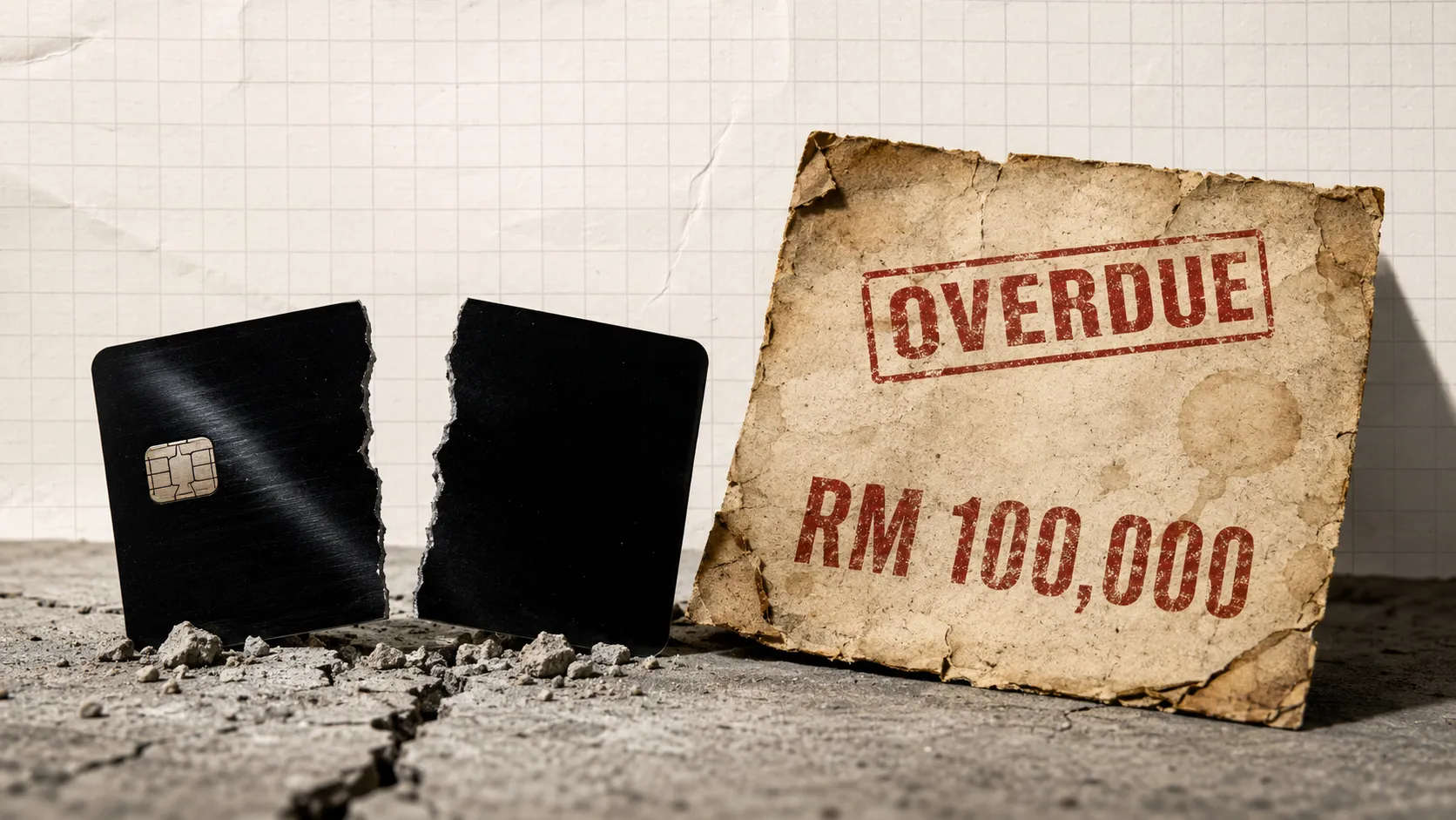 A cracked black credit card beside a distressed overdue payment bill on cracked concrete
