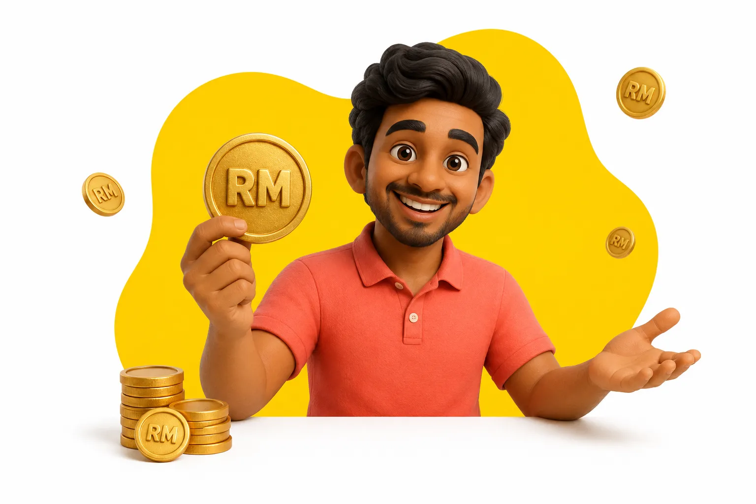 A friendly Malaysian sharing money tips beside a stack of gold coins