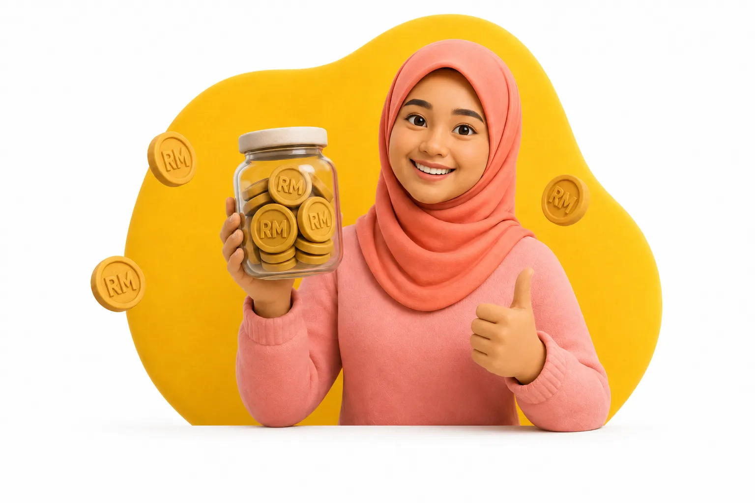 A friendly Malaysian sharing money tips beside a stack of gold coins