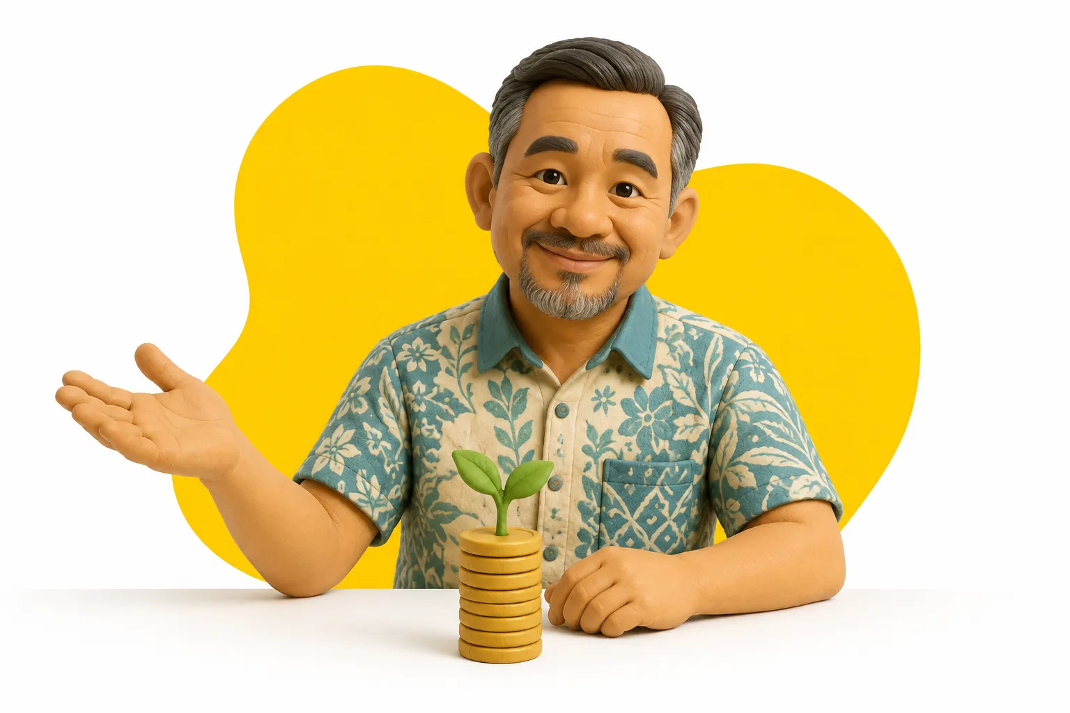 A friendly Malaysian sharing money tips beside a stack of gold coins