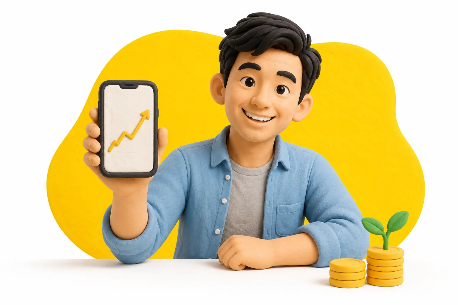 A friendly Malaysian sharing money tips beside a stack of gold coins