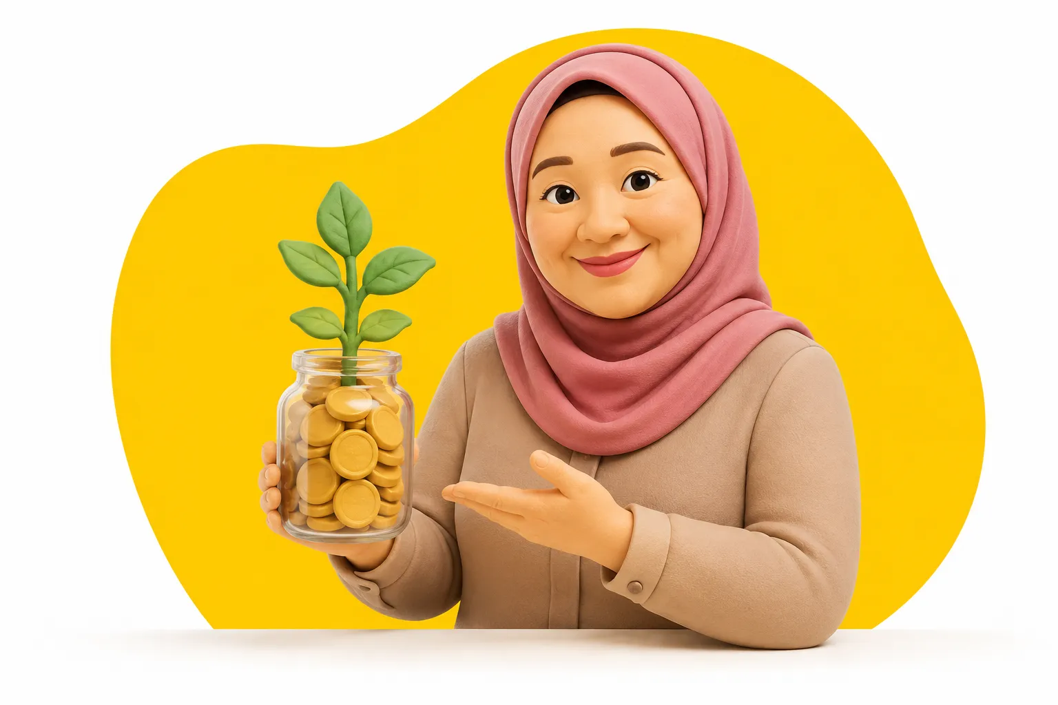 A friendly Malaysian sharing money tips beside a stack of gold coins