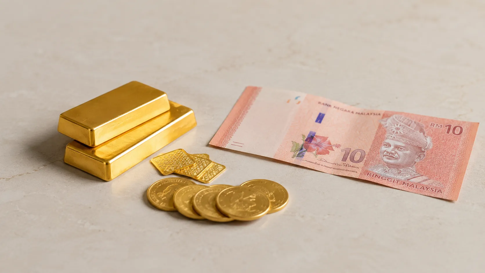 Two gold bars, a stack of gold coins and an RM10 Malaysian ringgit note on a clean marble surface