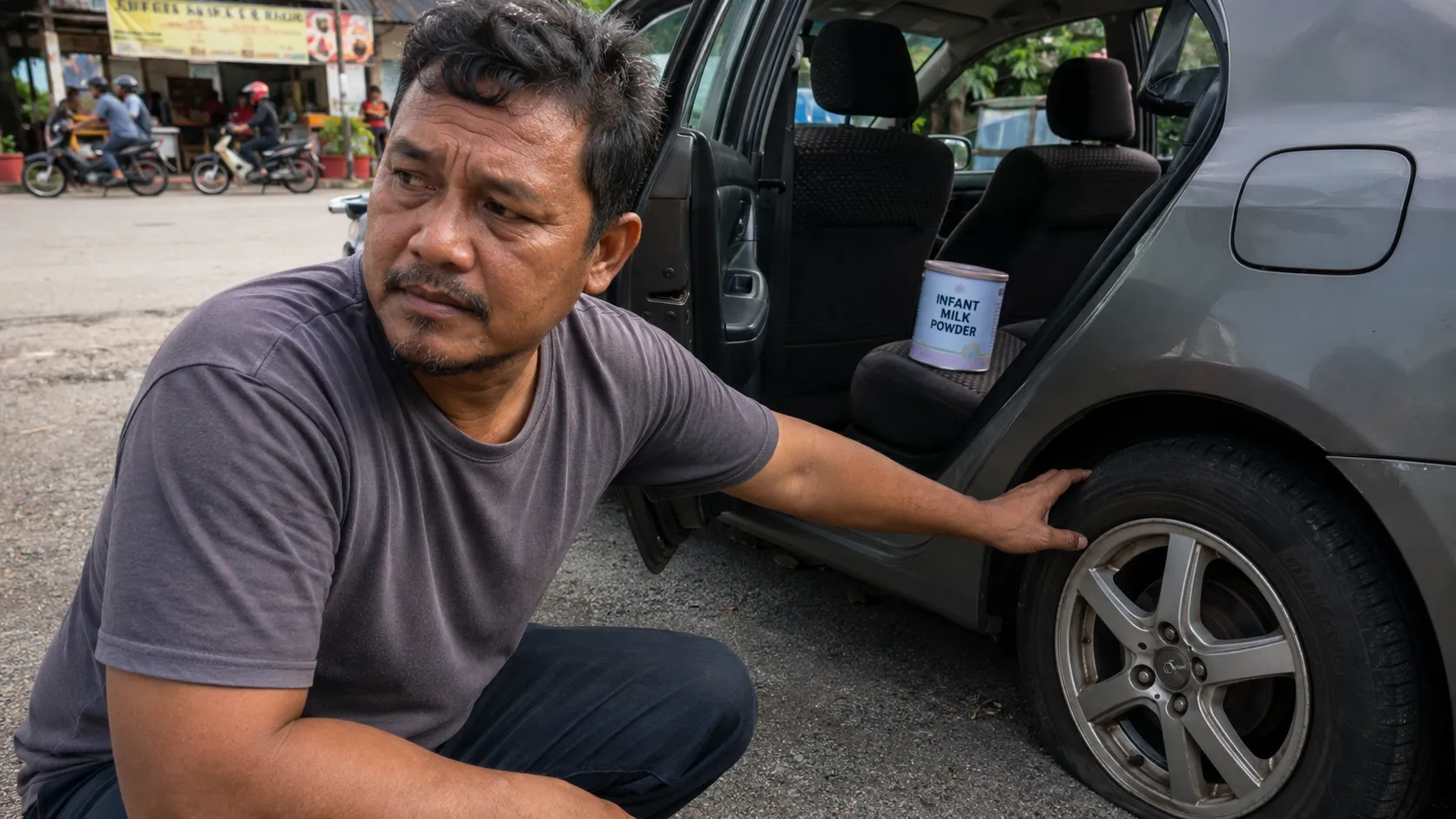 A Grab driver at a roadside stall in Malaysia choosing between a punctured tyre and a tin of milk powder, natural daylight