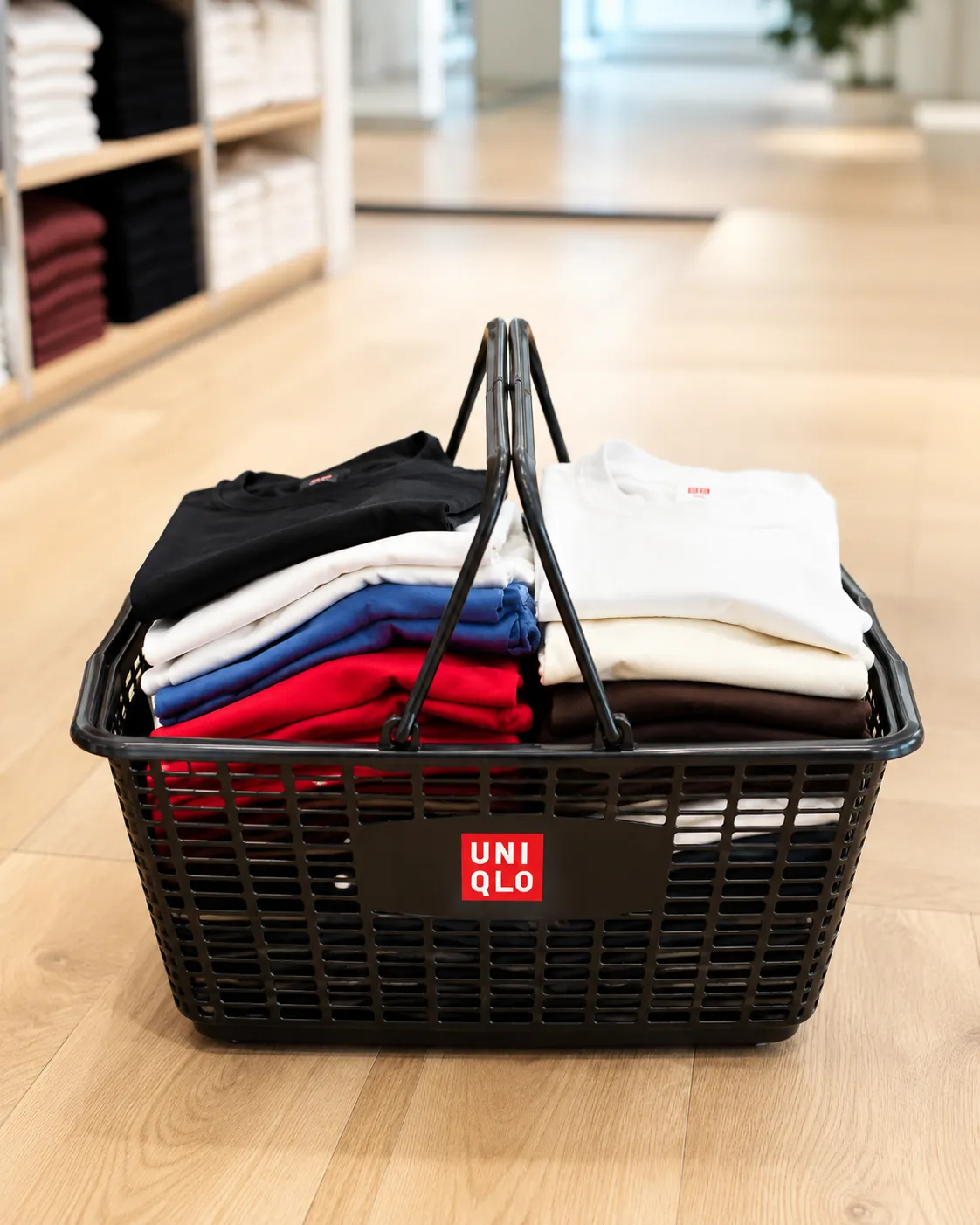 A shopping basket filled with folded Uniqlo t-shirts in a bright, minimal store