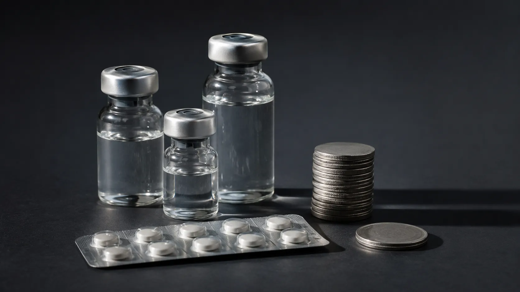 Glass drug vials and a pill blister pack on a dark surface next to a stack of coins