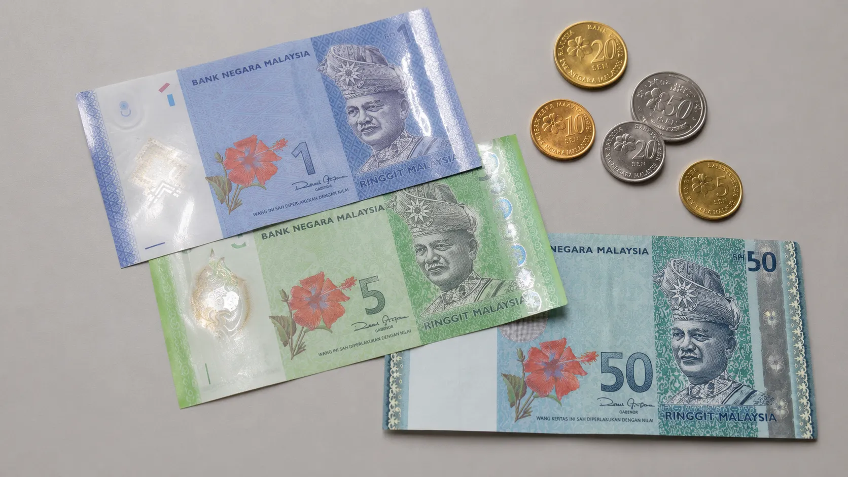 Malaysian ringgit banknotes and coins laid out on a plain surface, showing the polymer RM1 and RM5 alongside a cotton RM50
