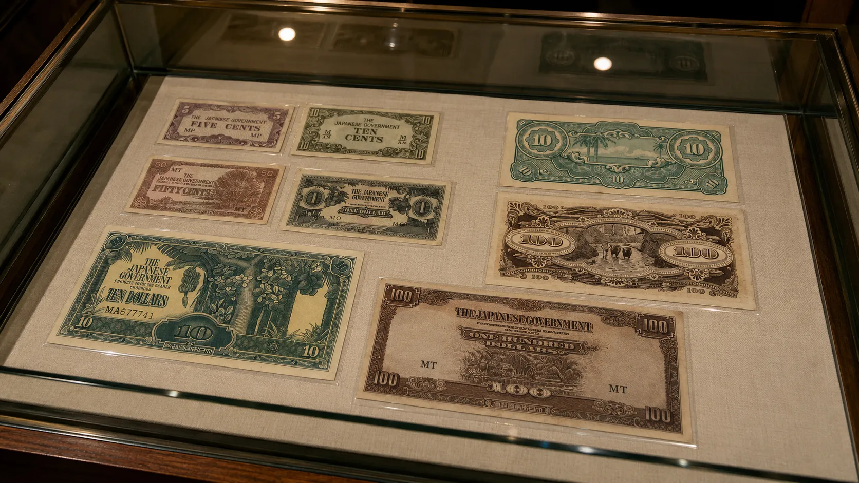 A glass museum display case at Bank Negara Malaysia holding old Malayan currency, including Japanese occupation banana money