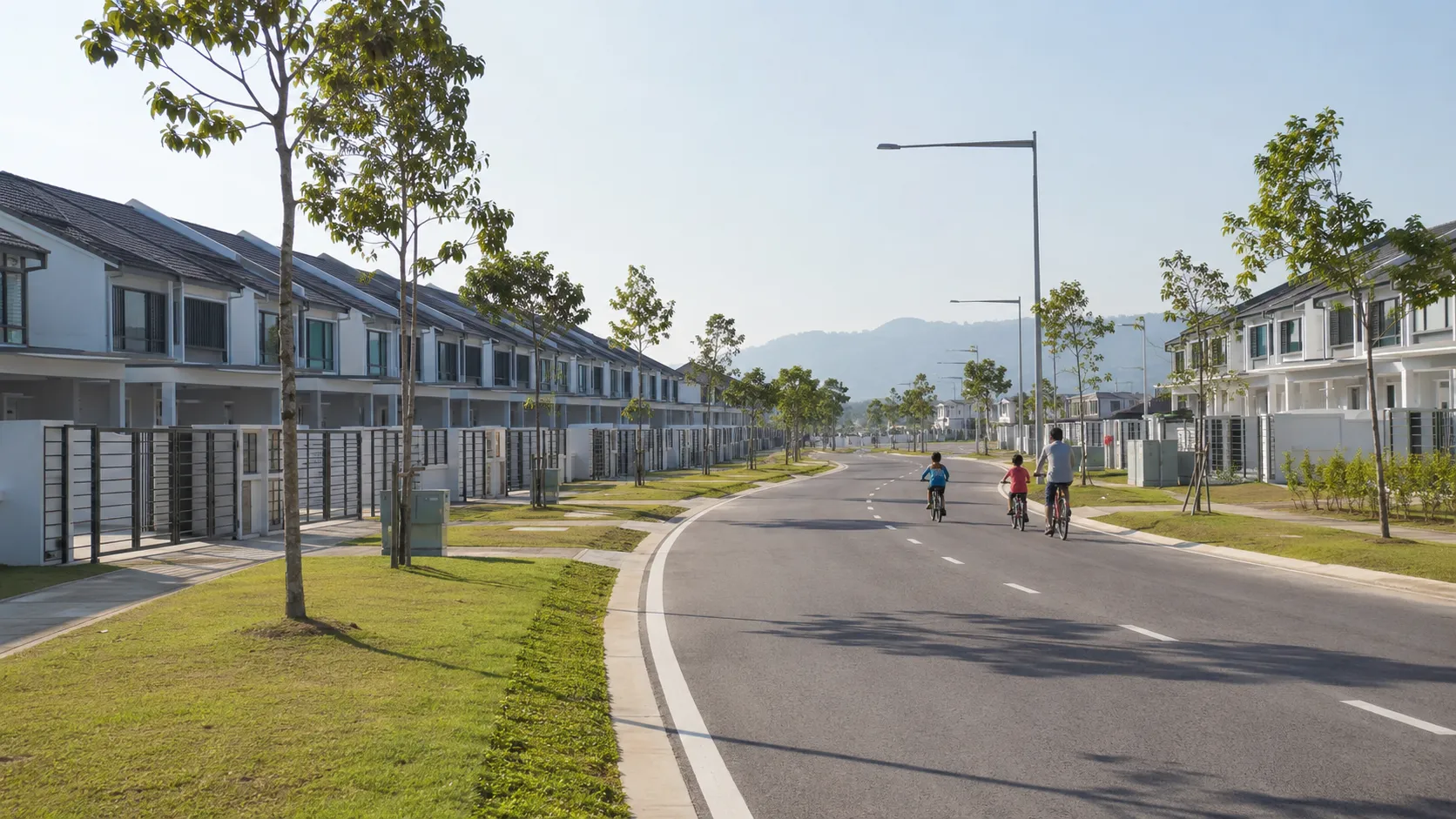 A brand-new planned township with wide landscaped roads and fresh low-rise homes, seen on a bright day