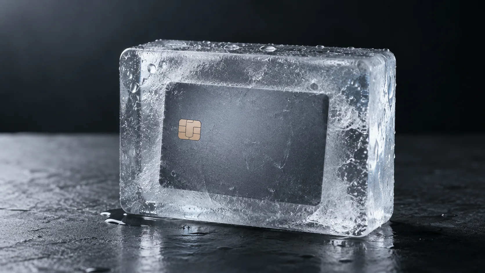 A single credit card frozen inside a solid block of ice on a dark surface
