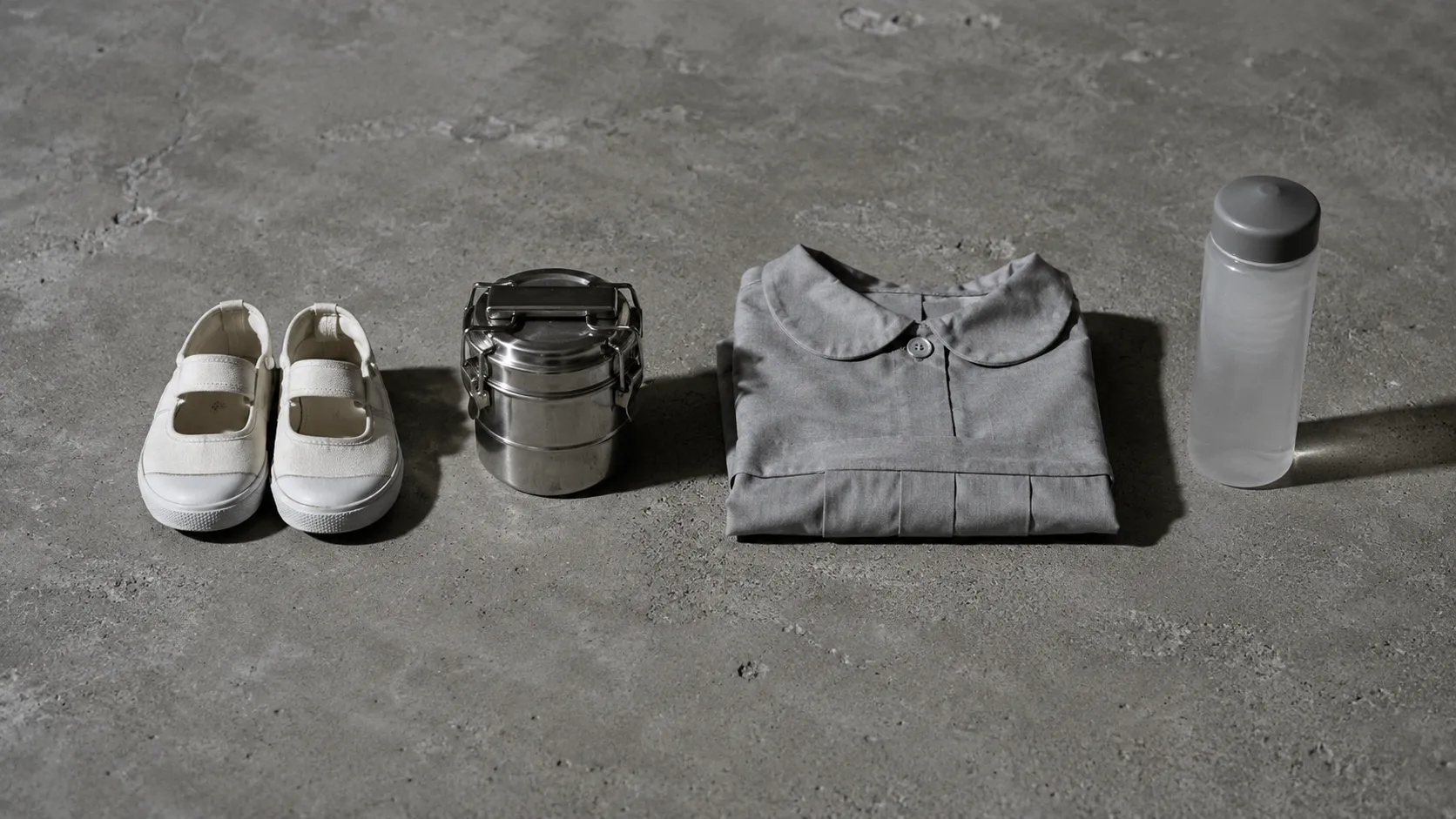 A young child's daycare kit laid out on a concrete surface: small white canvas school shoes, a stainless steel tiffin carrier, a folded uniform and a plastic water bottle