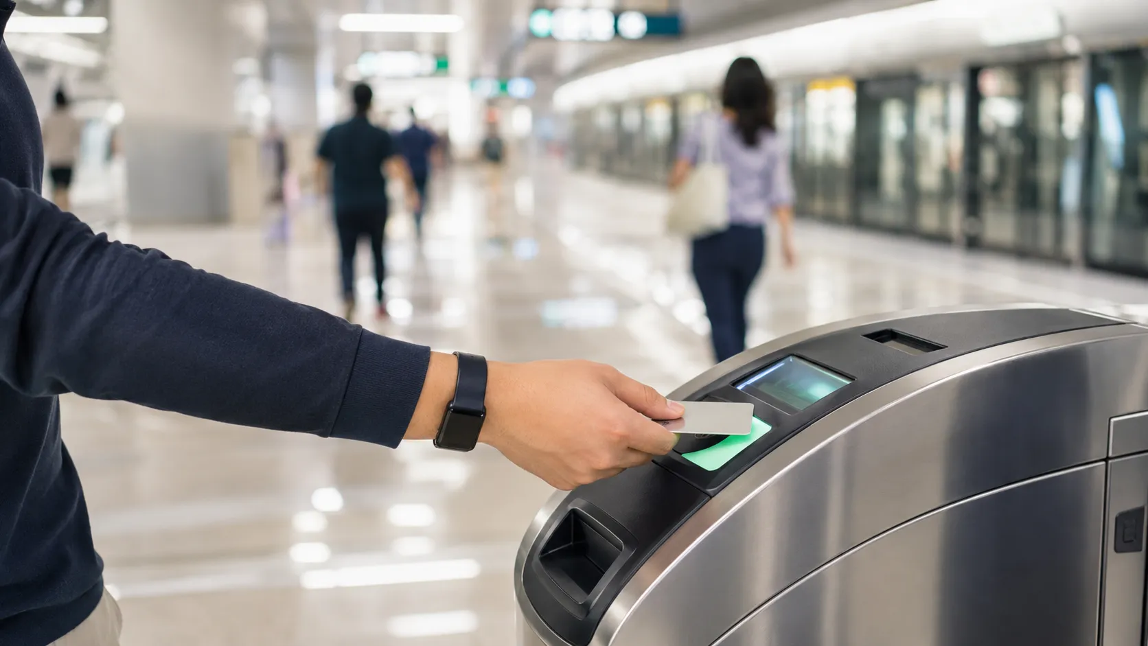 A commuter tapping a card at a Singapore MRT gantry in bright midday light