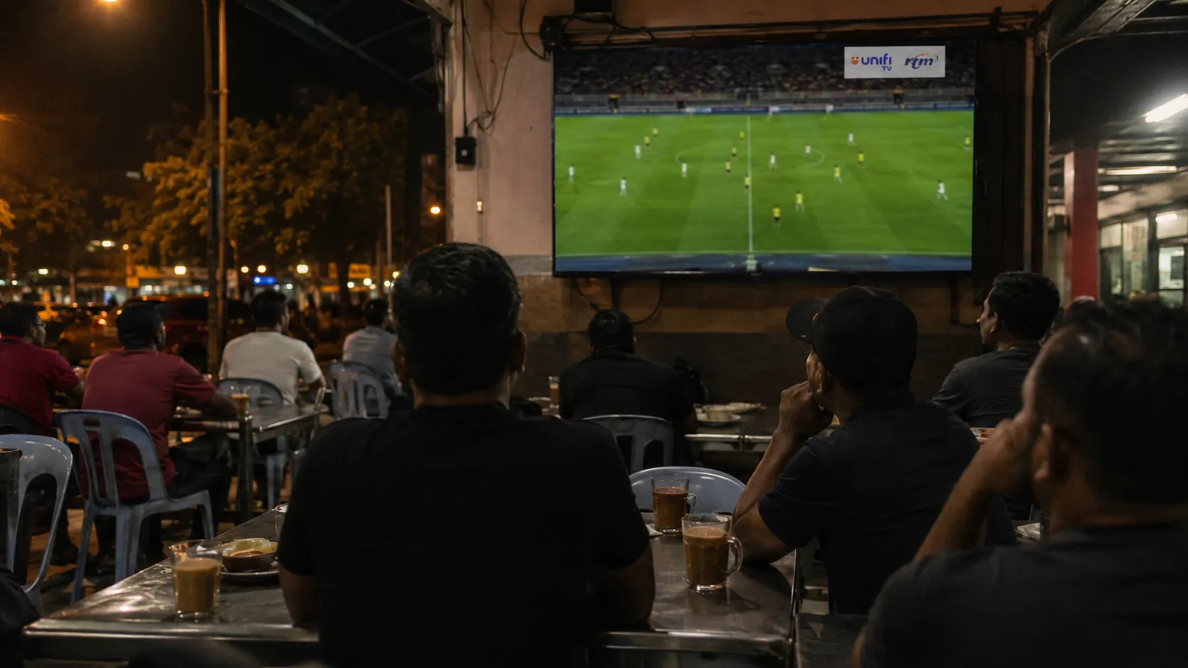 Football on Unifi TV and RTM shown free-to-air on a screen at a Malaysian mamak