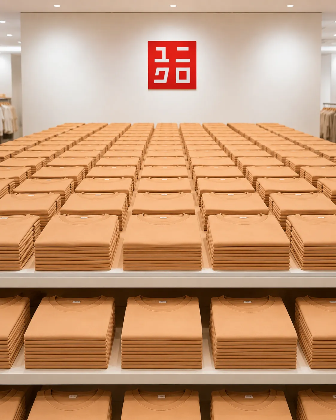 Rows of the same folded Uniqlo t-shirt repeated, one design made at scale