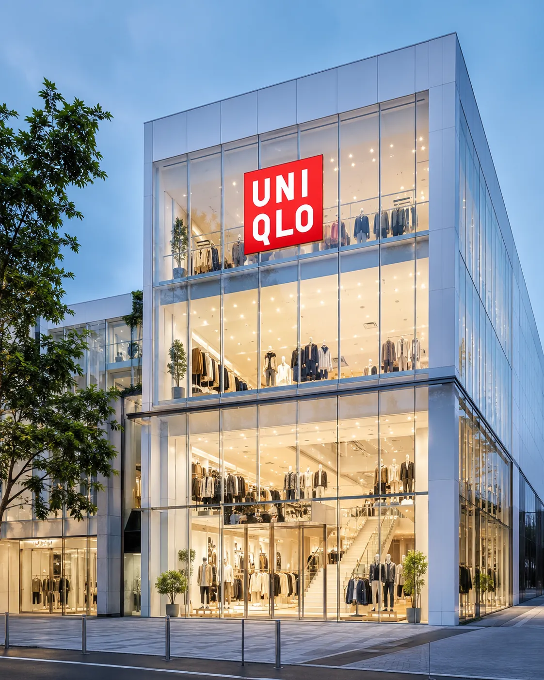 A grand glass-fronted Uniqlo flagship store with the red Uniqlo logo on its facade